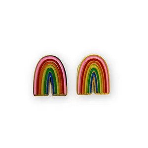 7mm Rainbow Stud Earrings with glossy multicolor enamel stripes and gold-plated outline.