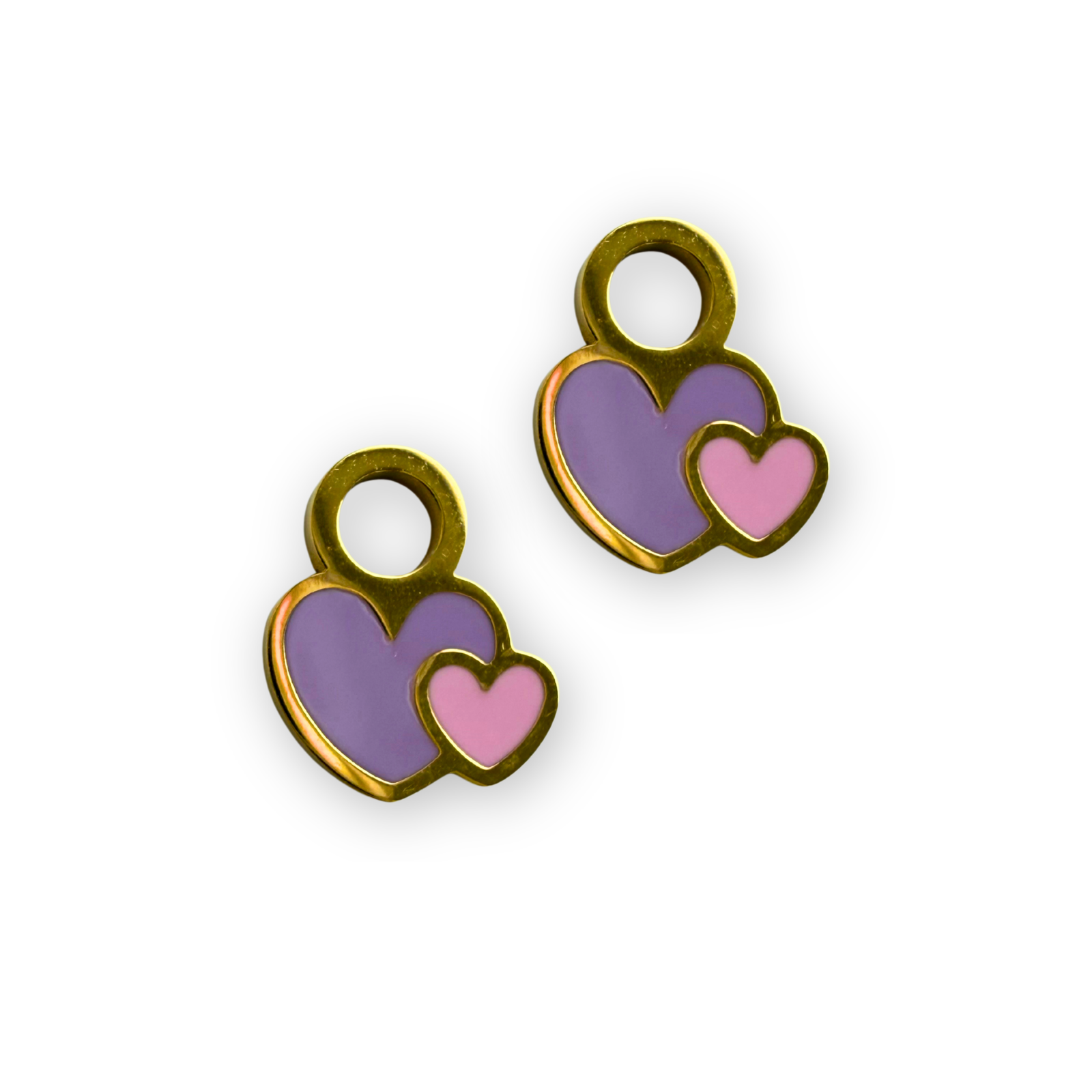 Double Heart Charms with polished gold finish on 18K gold plated stainless steel hoop charms.