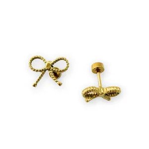 Gold Bow Stud Earrings with 10mm rope-texture bow and polished gold-plated finish.