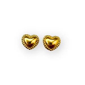 Gold Heart Stud Earrings with textured border and polished 18K gold-plated finish.