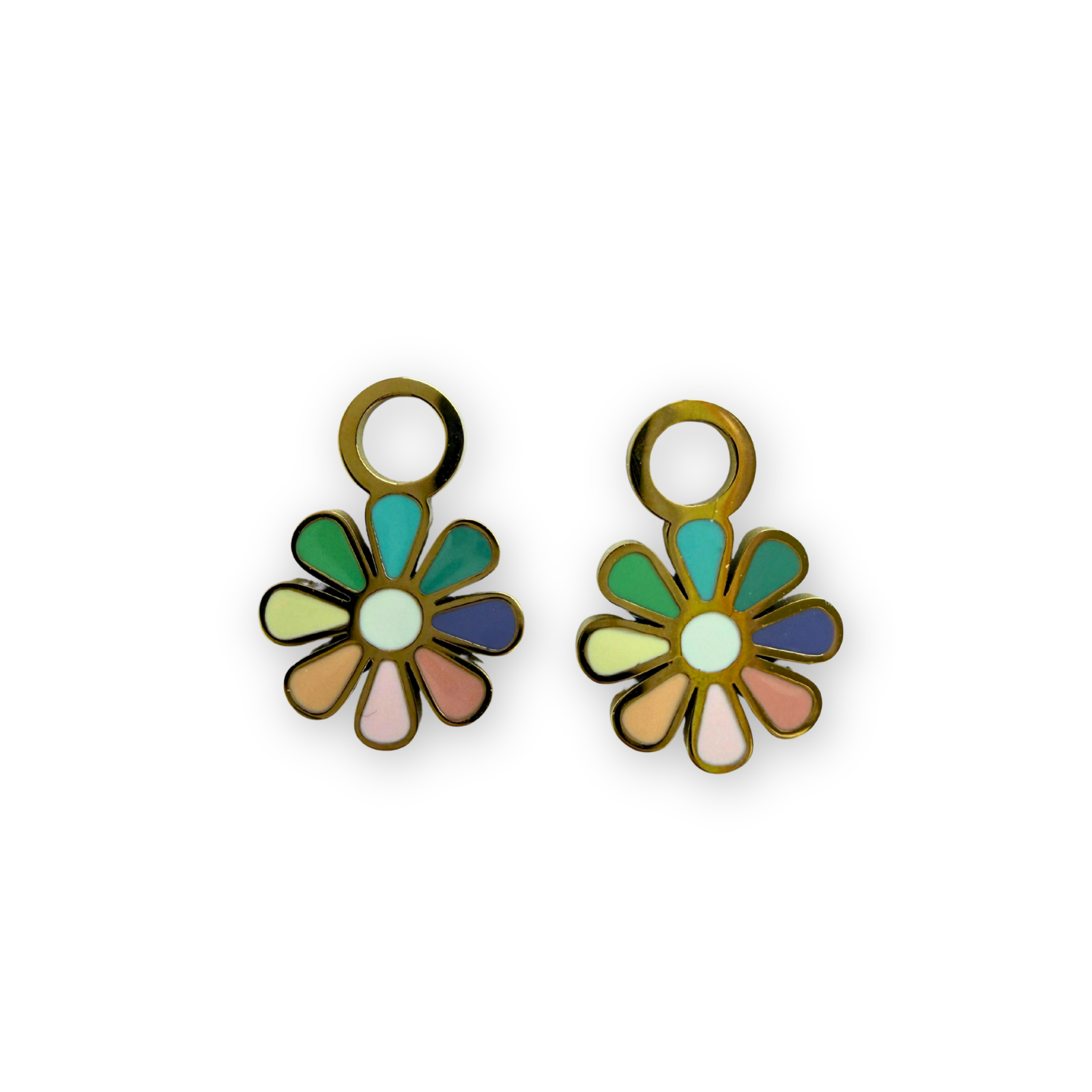 Rainbow Flower Charms with glossy multicolor enamel petals and gold-plated stainless steel finish.