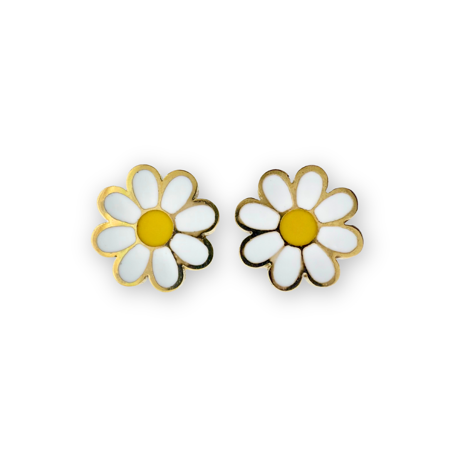Close-up of Tiny White Daisy Stud Earrings showing white enamel petals and gold center.
