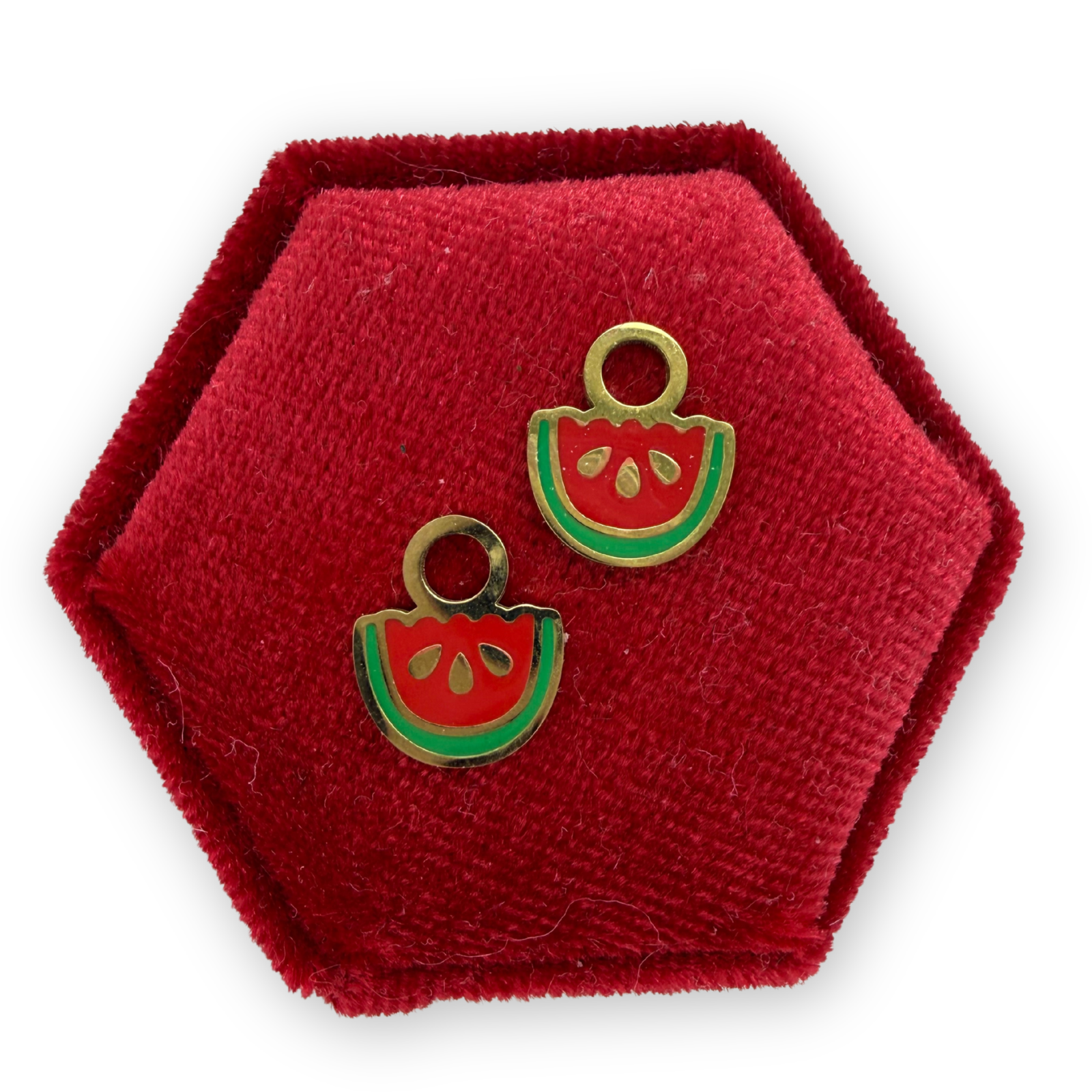 Scalloped Watermelon Charms displayed on gold hoop to show size and scale.