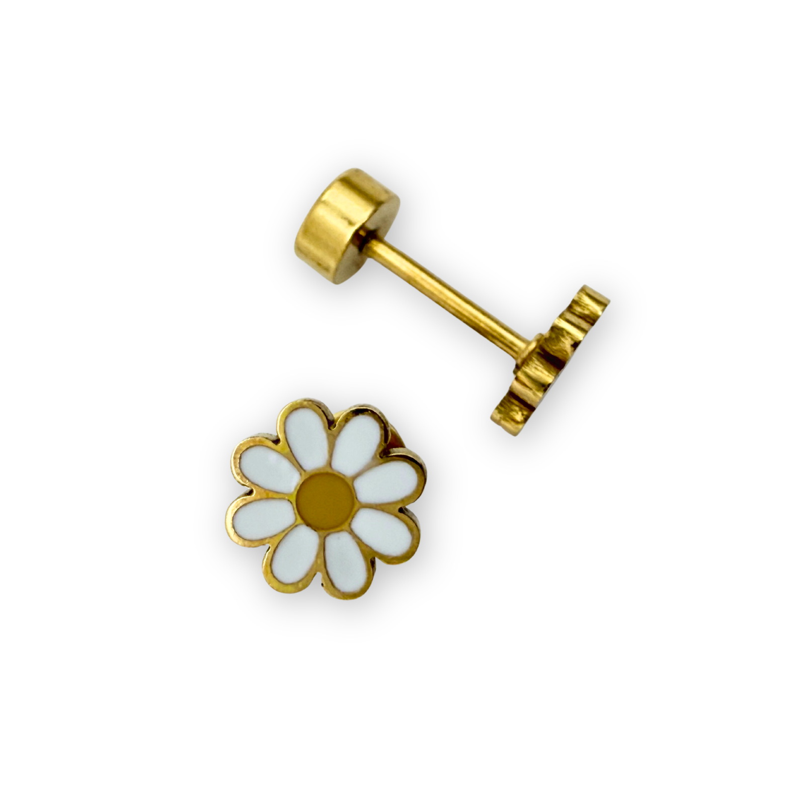 Close-up of Tiny White Daisy Stud Earrings showing white enamel petals and gold center.