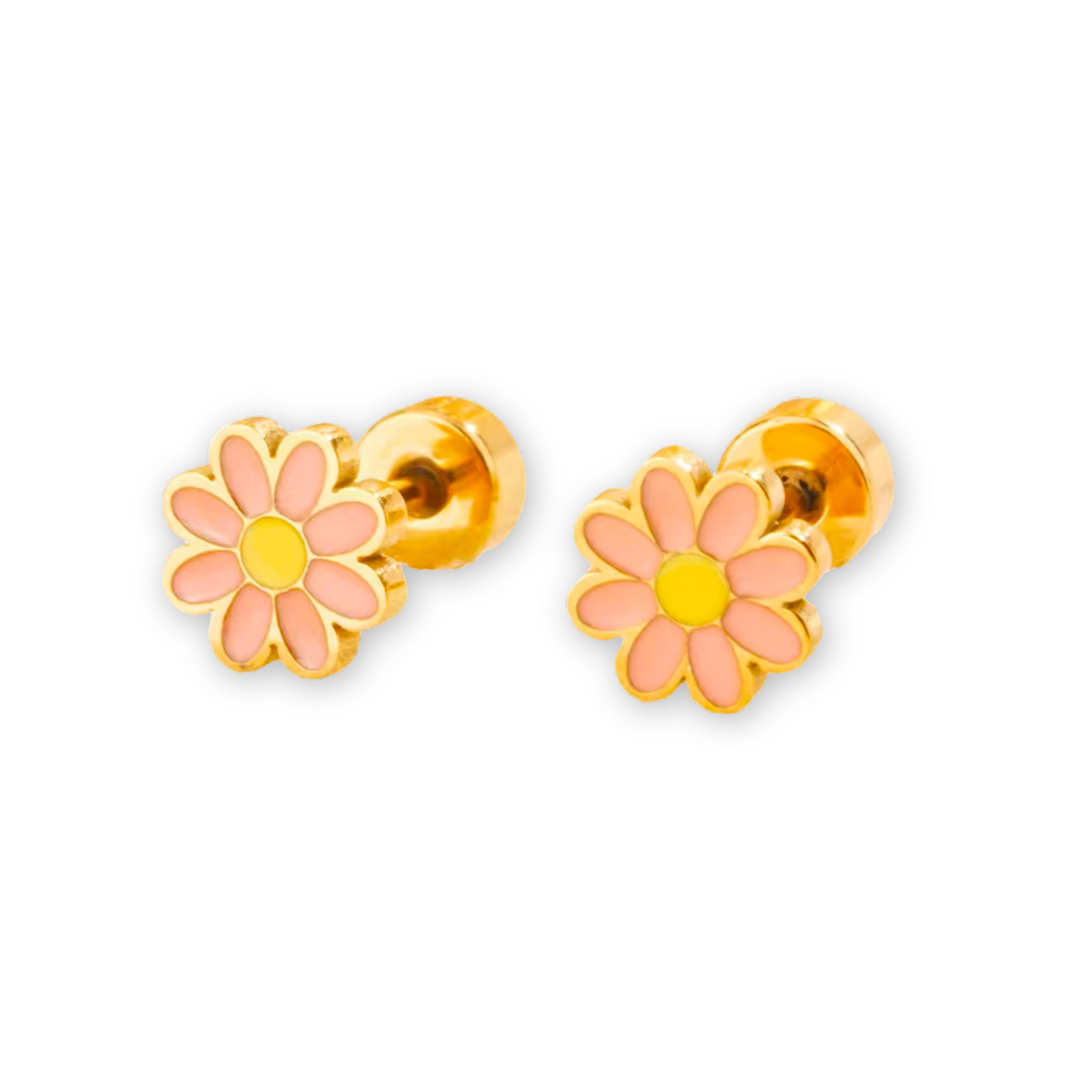 Tiny Pink Daisy Stud Earrings with glossy pink enamel petals and gold-plated center.