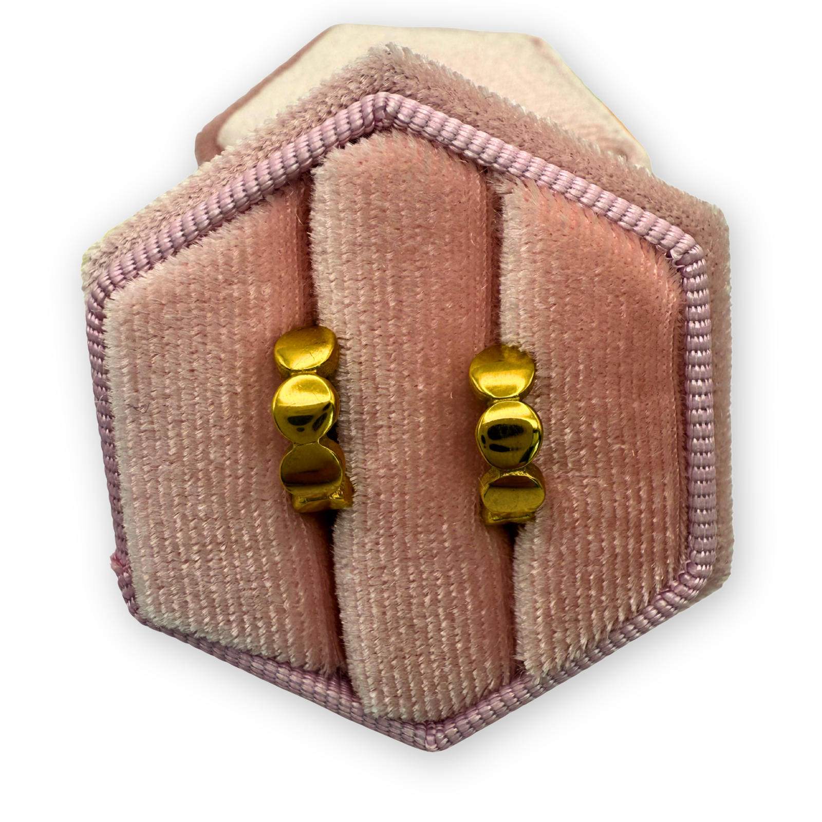 Tiny gold huggie hoops with polished 18K gold-plated finish and dot detail.