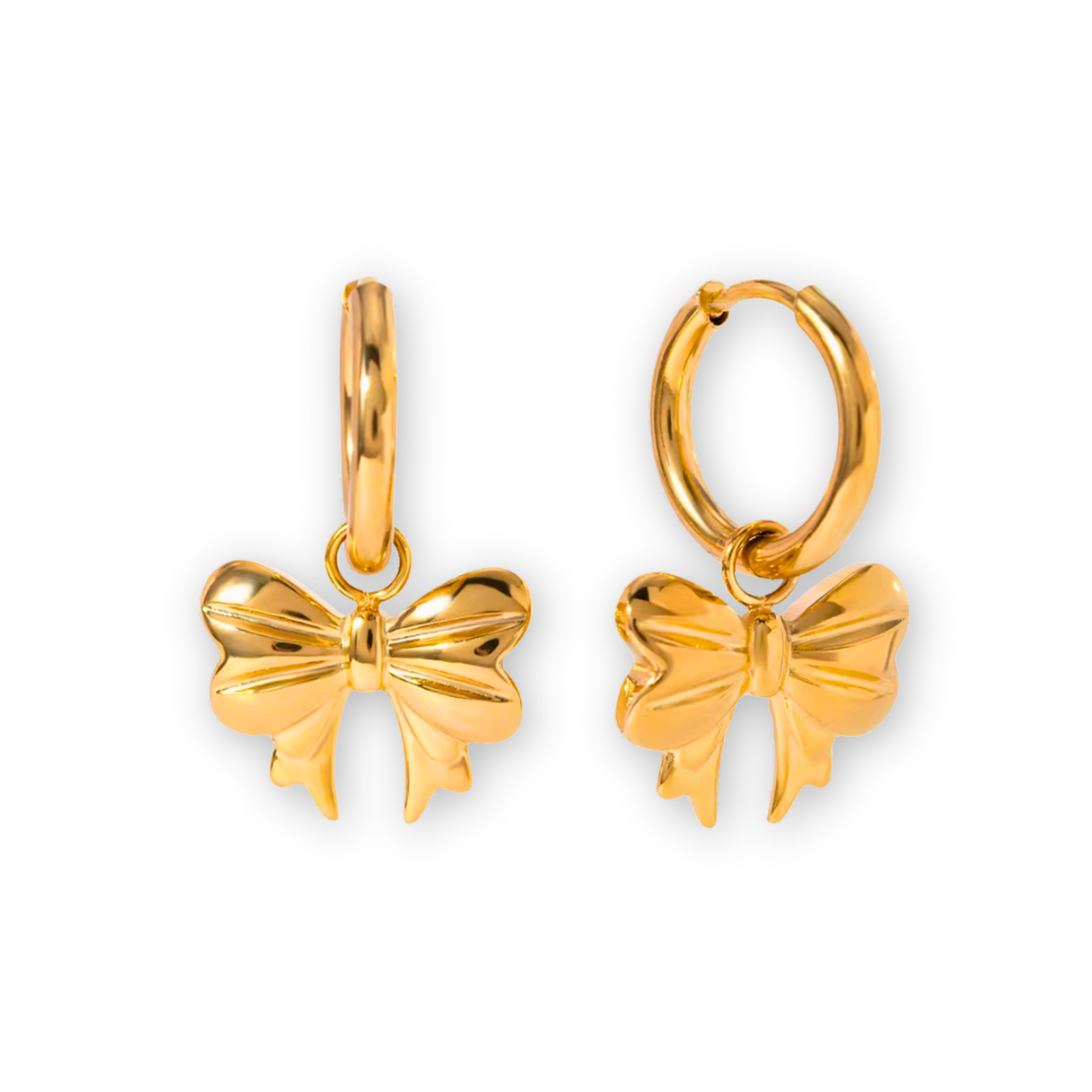 Gold Bow Hoop Earrings with dainty ribbon design and polished 18K gold-plated finish.