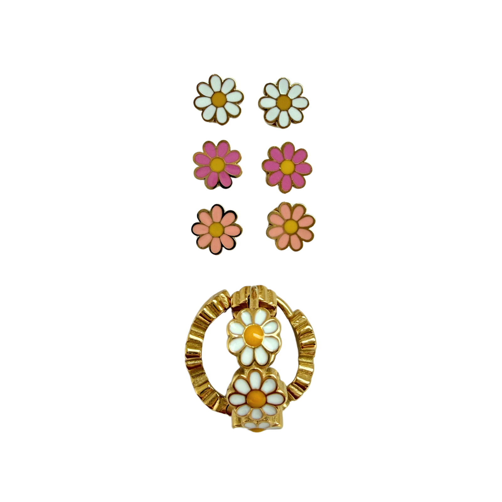 Spring Bloom Set earrings displayed flat lay with pink, purple, and white daisy studs