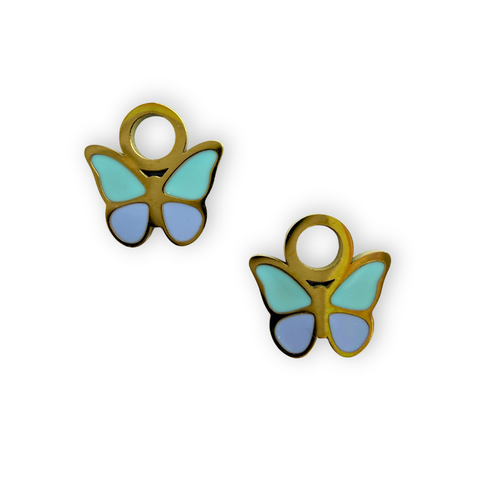 Colorblock Butterfly Charms with pastel enamel wings and gold-plated outline on stainless steel base.