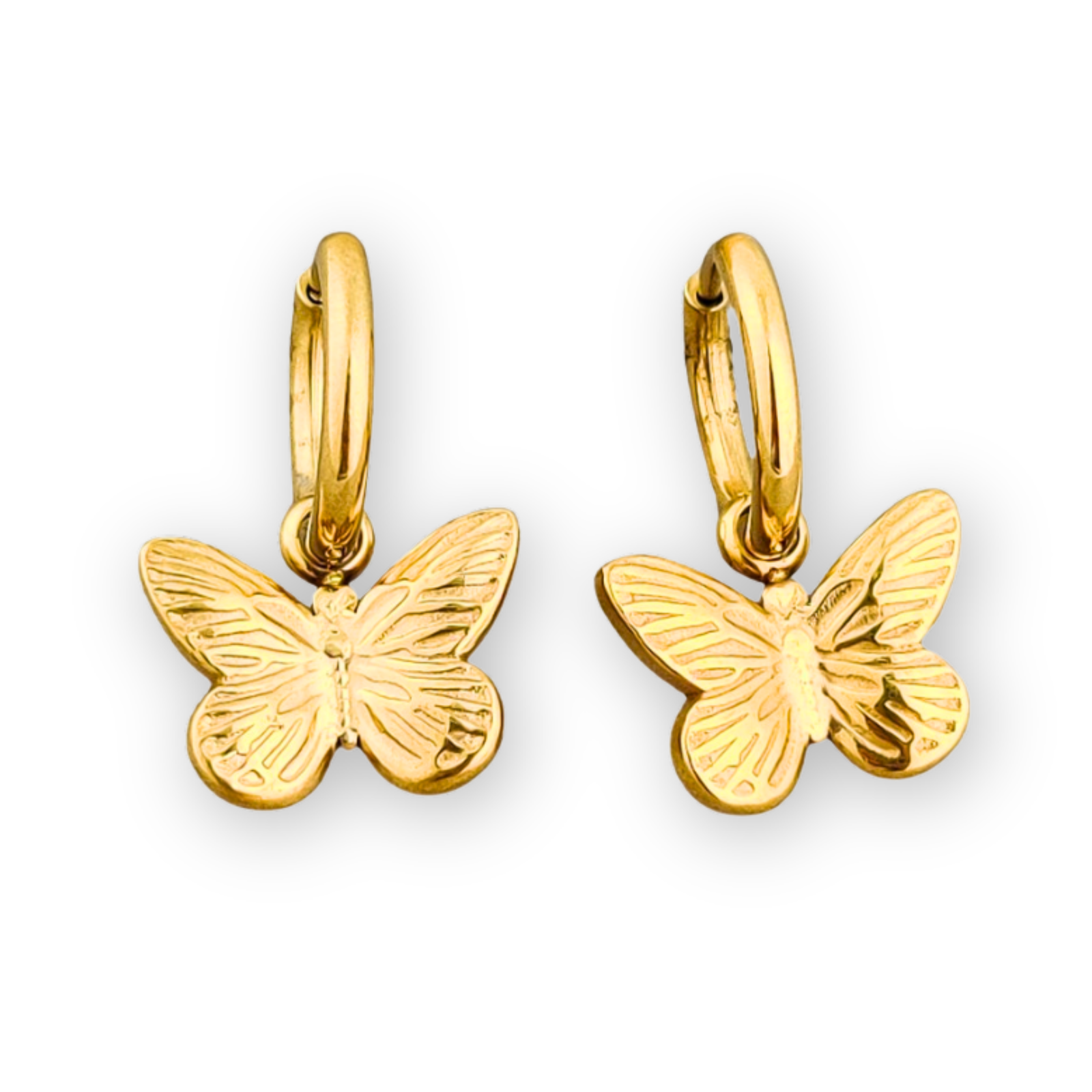 Gold Butterfly Hoop Earrings with polished 18K gold-plated finish and dainty butterfly charm.