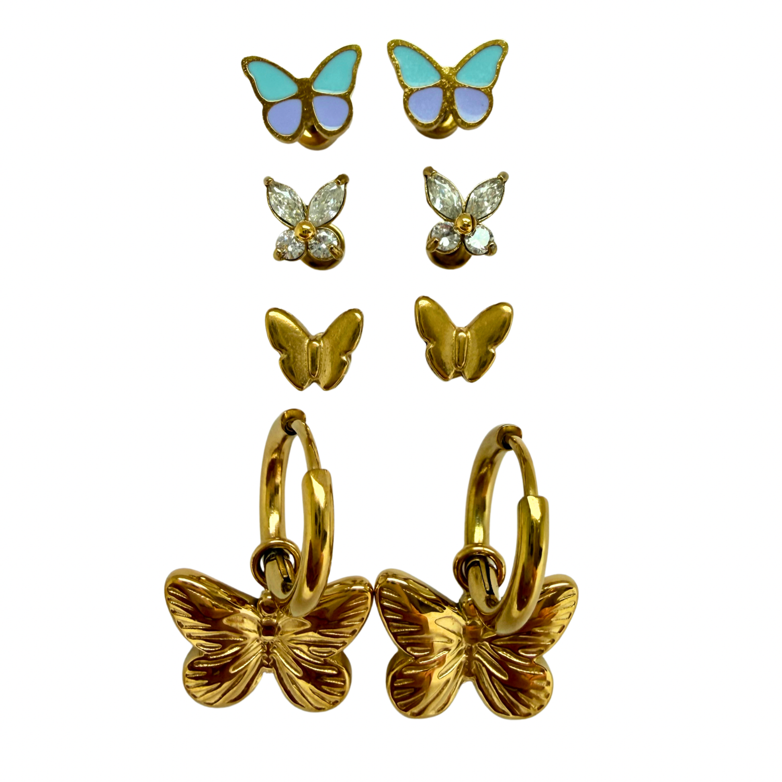 Butterfly Garden Set earrings arranged flat lay with mixed butterfly studs and hoops