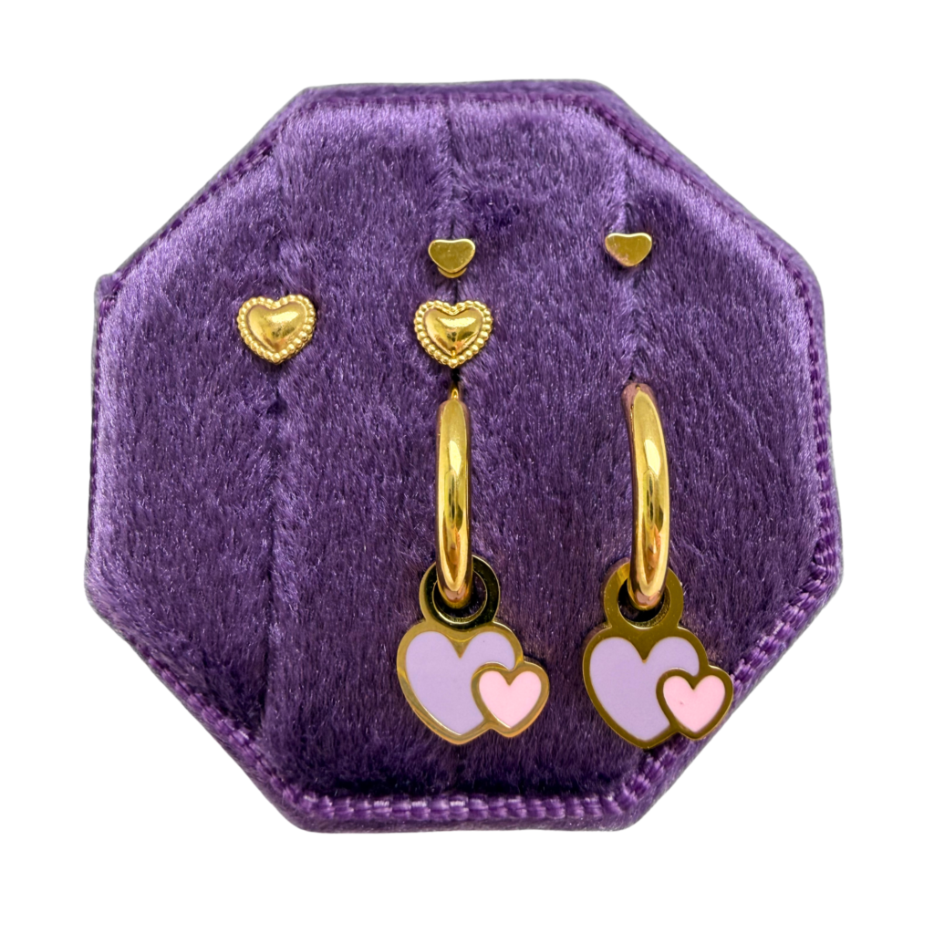 Gold Hearts Earring Set with mini heart studs, textured hearts, and double heart charms