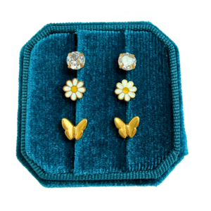 Classics Earring Set with CZ studs, white daisy studs, and gold butterfly studs