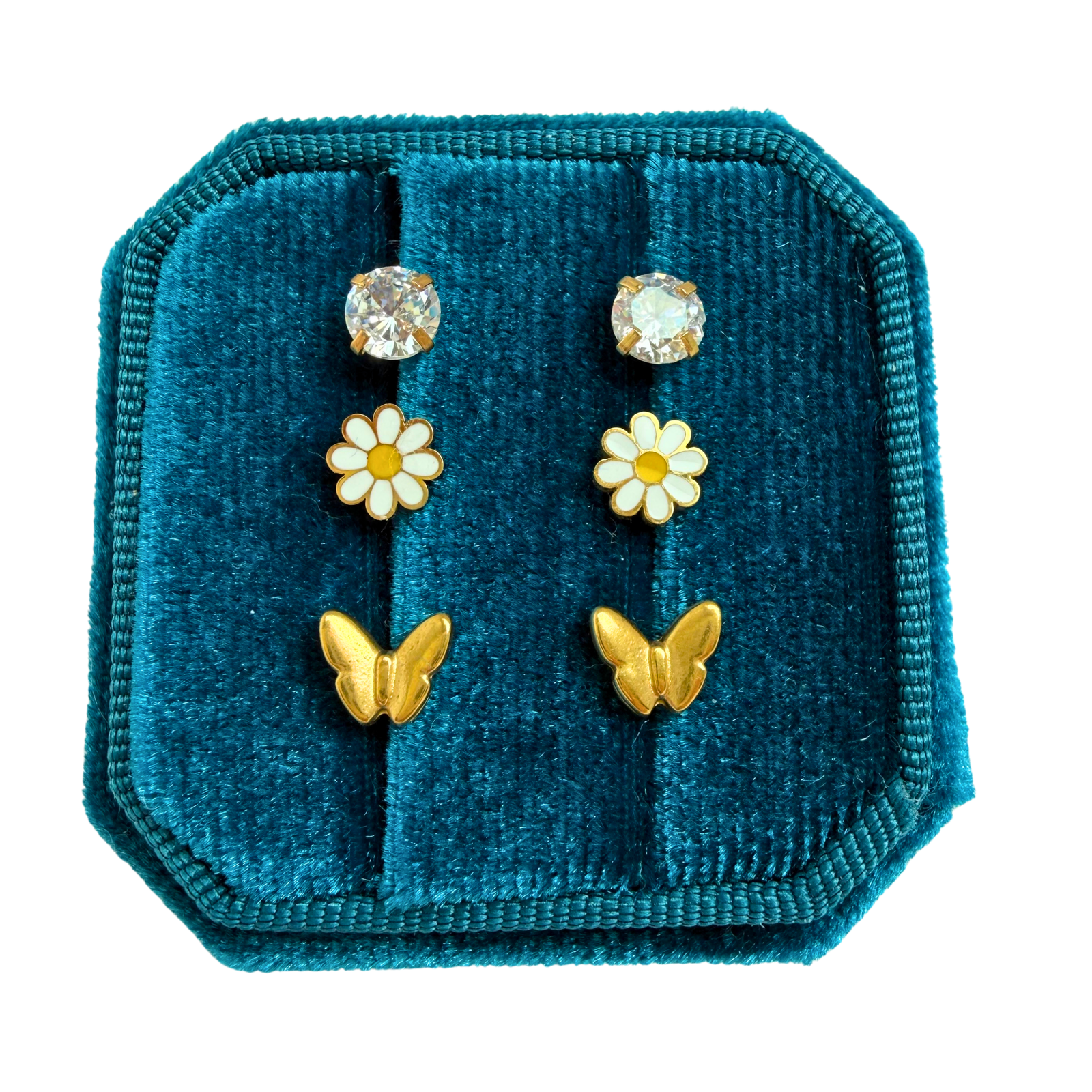 Classics Earring Set with CZ studs, white daisy studs, and gold butterfly studs