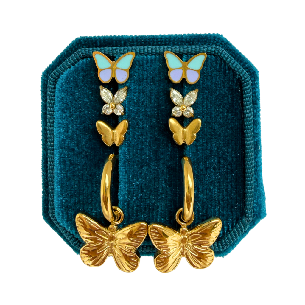 Butterfly Garden Earring Set with gold, CZ, and color block butterfly earrings