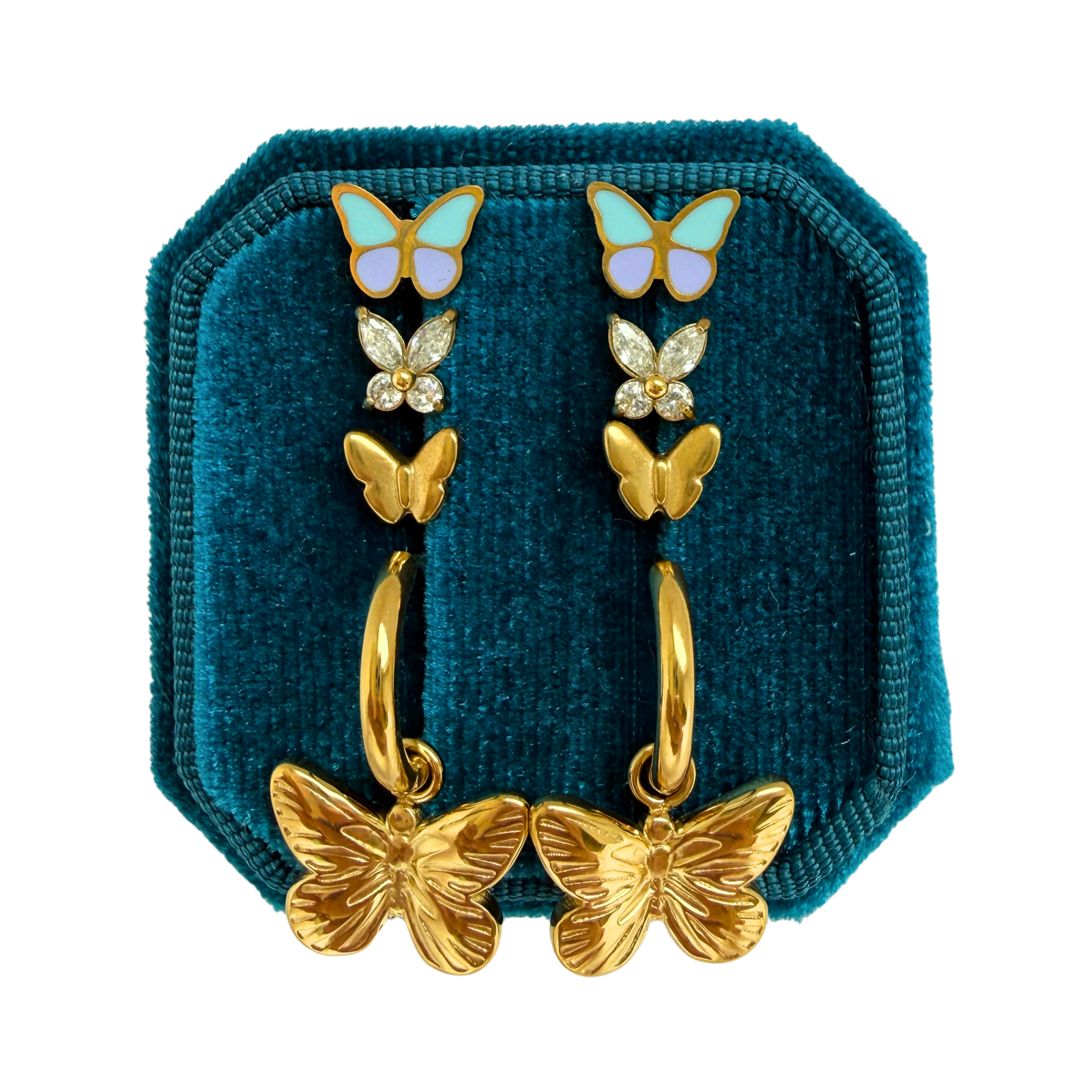 Butterfly Garden Earring Set with gold, CZ, and color block butterfly earrings