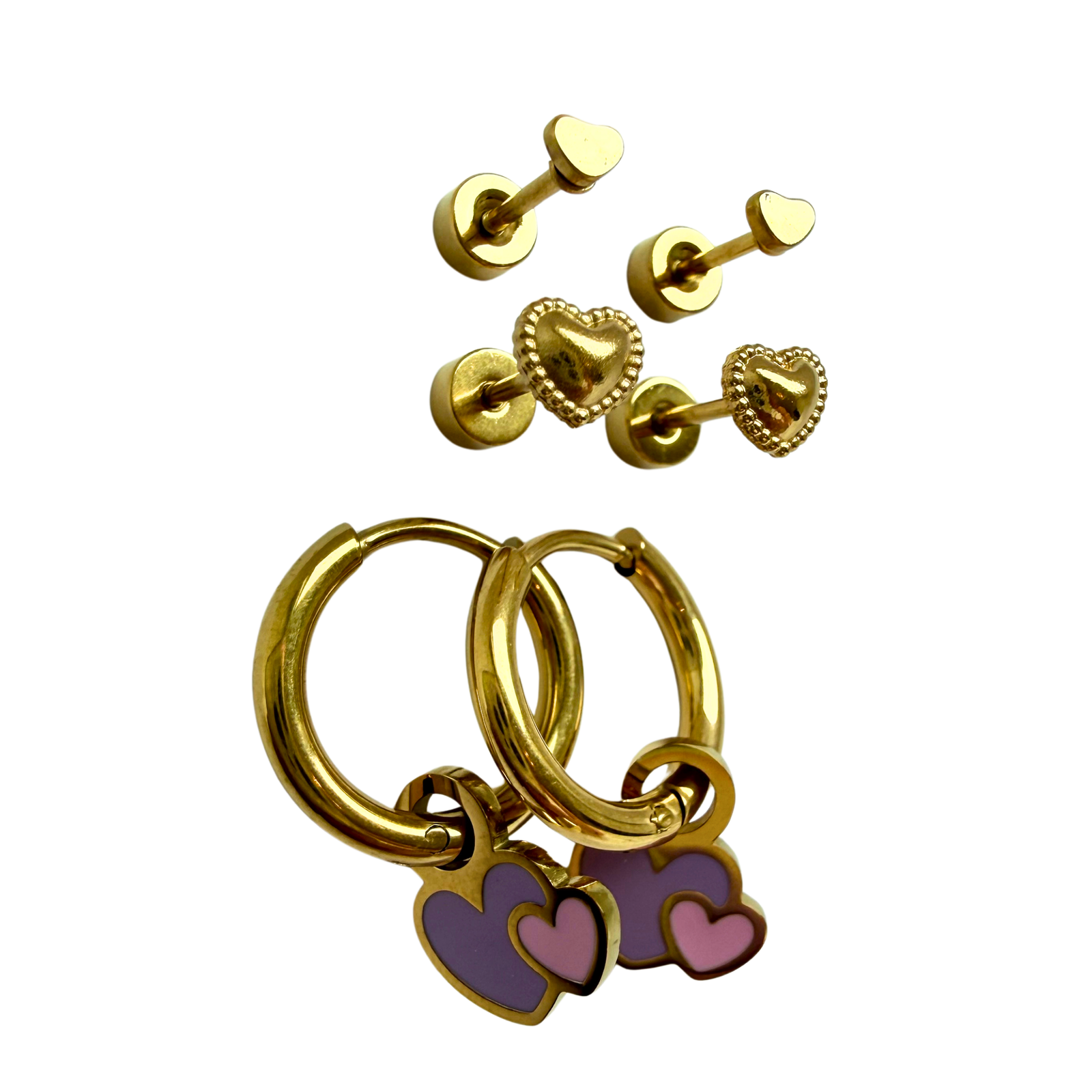 Hearts Set earrings displayed flat lay with gold heart studs and charm hoops