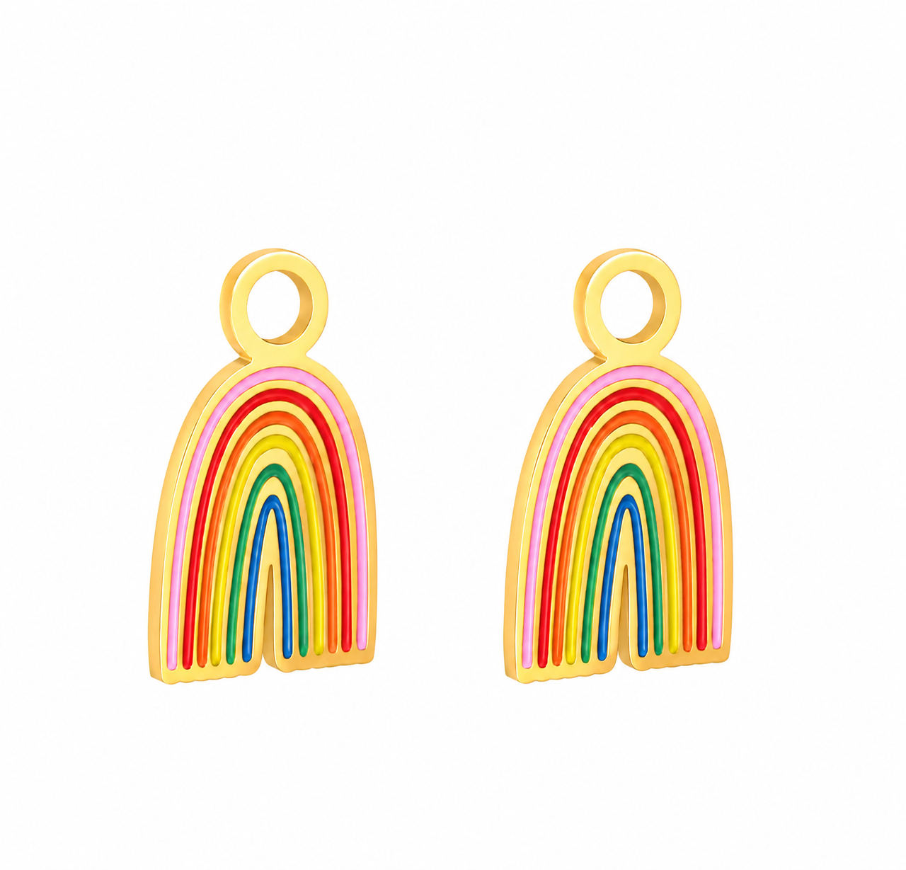 Rainbow Charms with glossy multicolor enamel stripes and gold-plated outline.