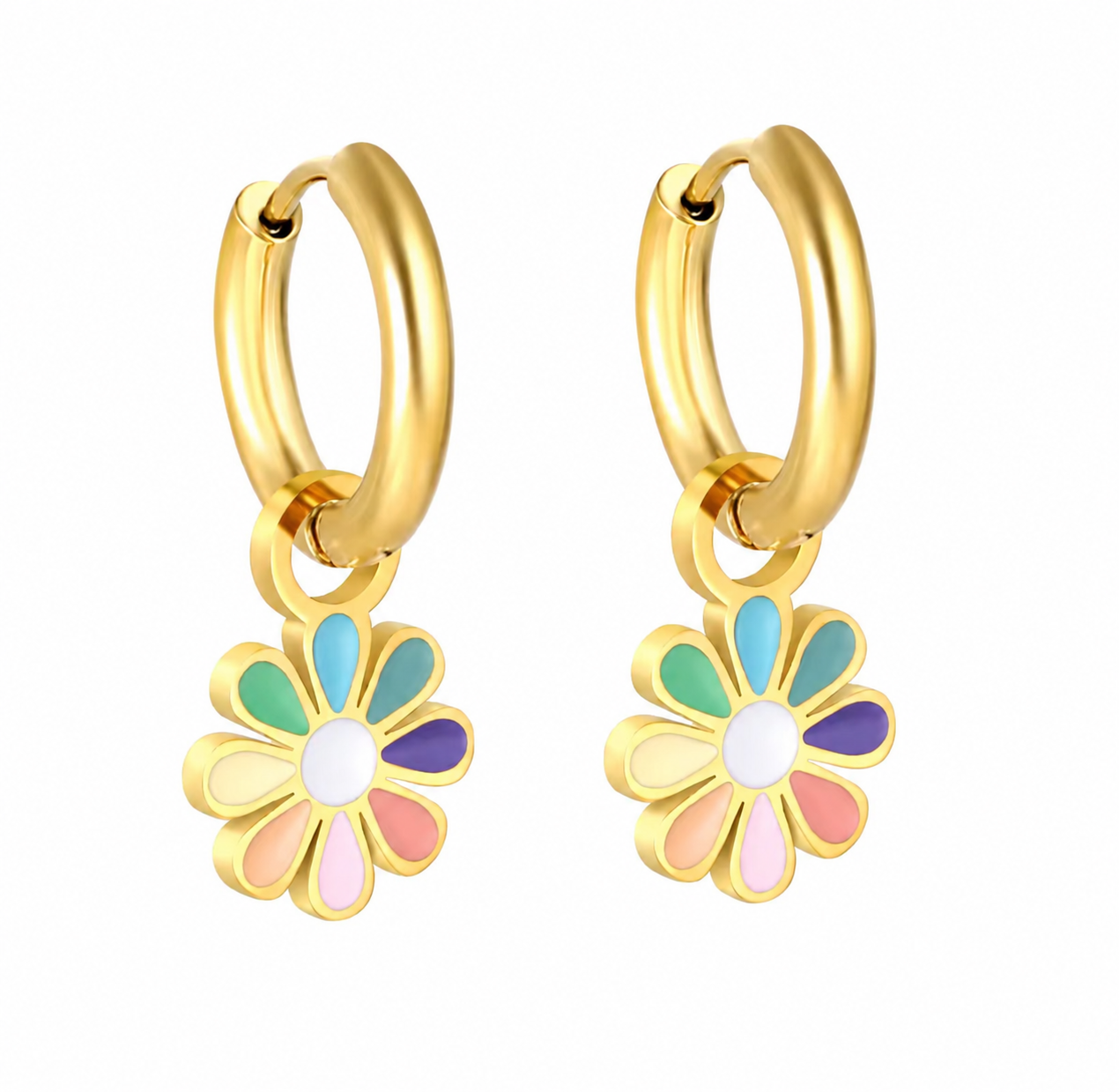 Rainbow Flower Charm attached to a gold hoop showing how the multicolor enamel petals hang when worn.