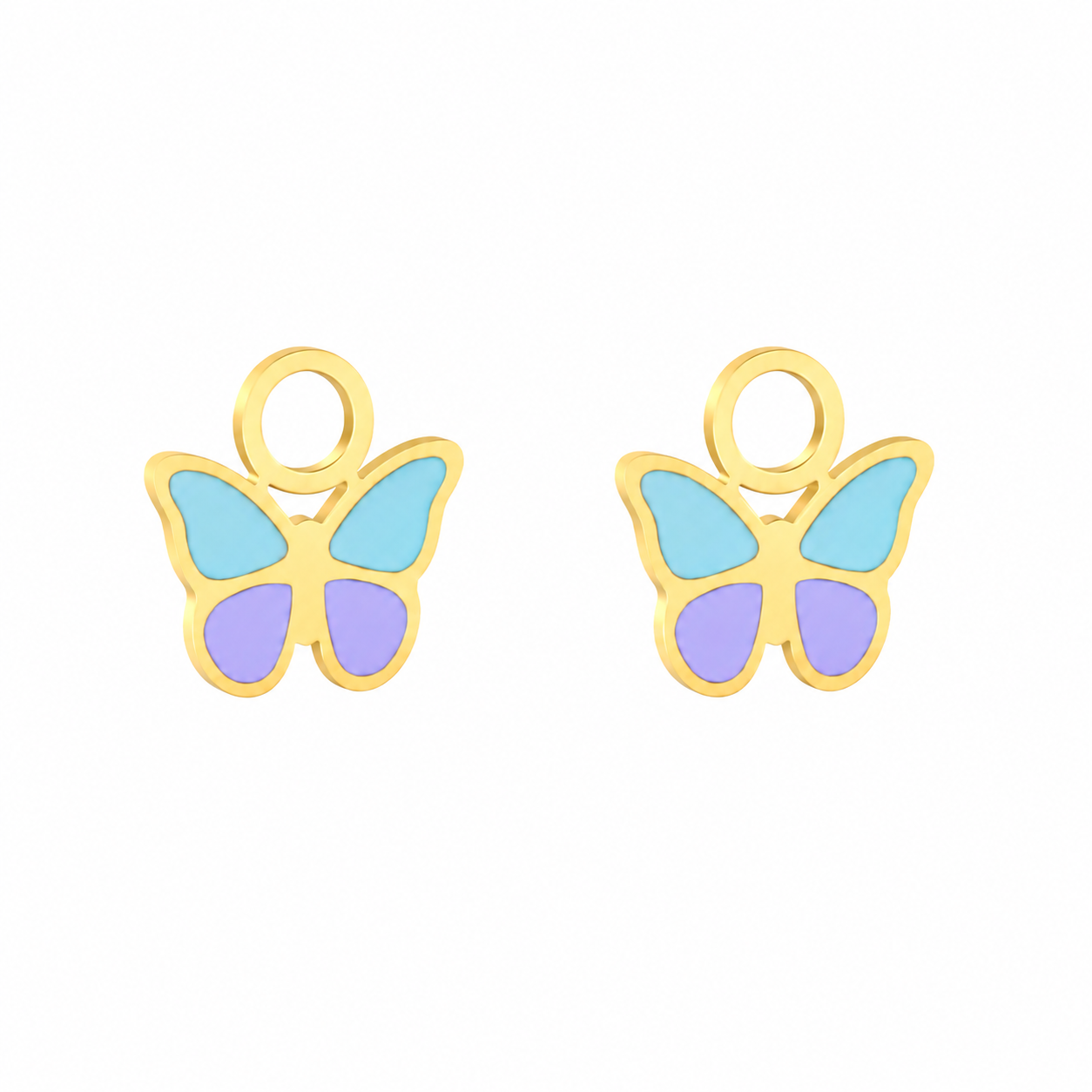 Colorblock Butterfly Charms with pastel enamel wings and gold-plated outline on stainless steel base.