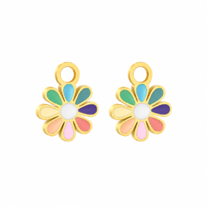 Rainbow Flower Charms with glossy multicolor enamel petals and gold-plated stainless steel finish.