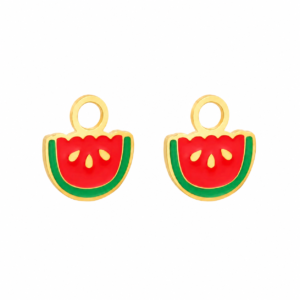 Scalloped Watermelon Charms with glossy red and green enamel and gold-plated stainless steel finish.