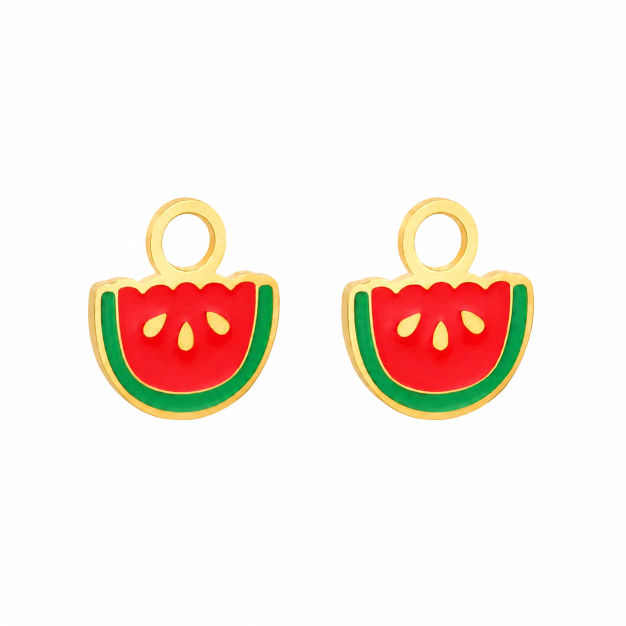 Scalloped Watermelon Charms with glossy red and green enamel and gold-plated stainless steel finish.