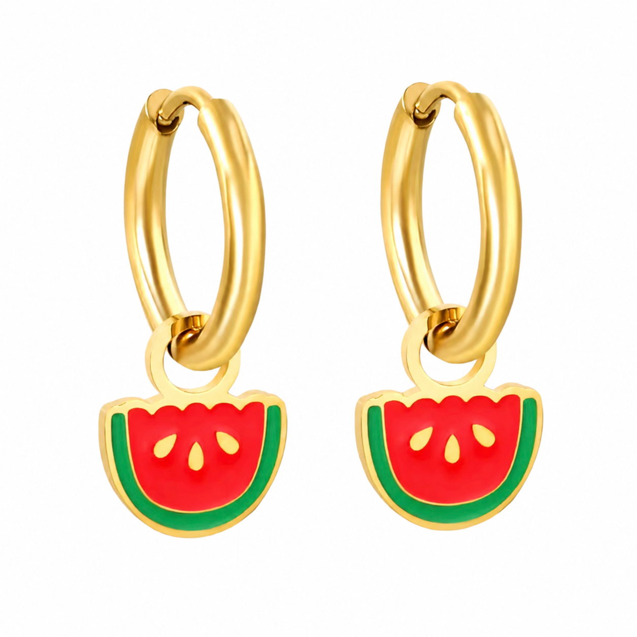 Scalloped Watermelon Charm attached to a gold hoop showing how the scalloped enamel slice hangs when worn.