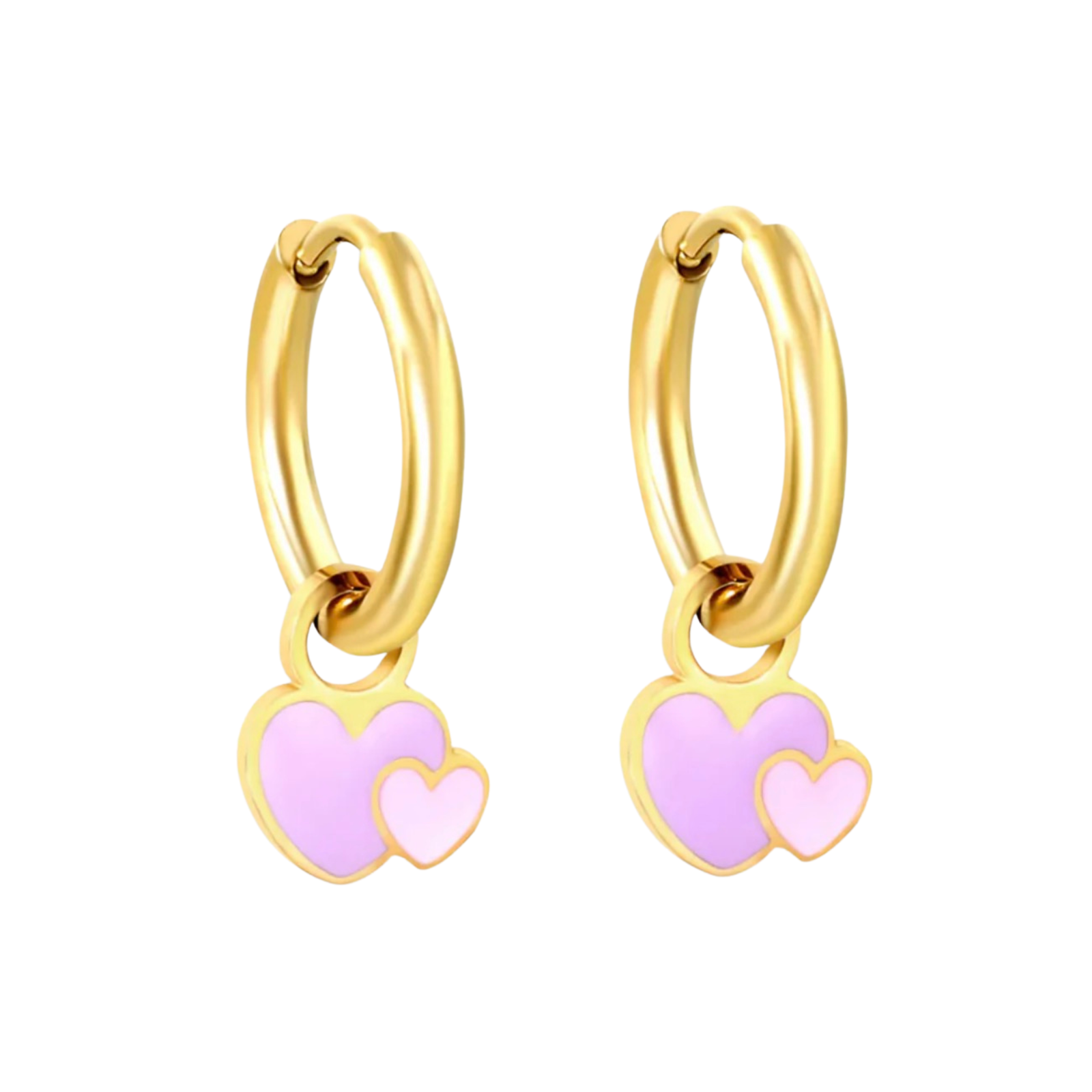 Double Heart Charm attached to a gold hoop showing how the pastel enamel hearts hang when worn.