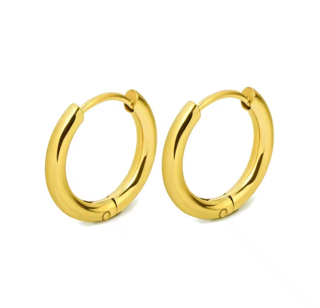 Classic 10mm Gold Hoops with polished 18K gold-plated stainless steel finish.